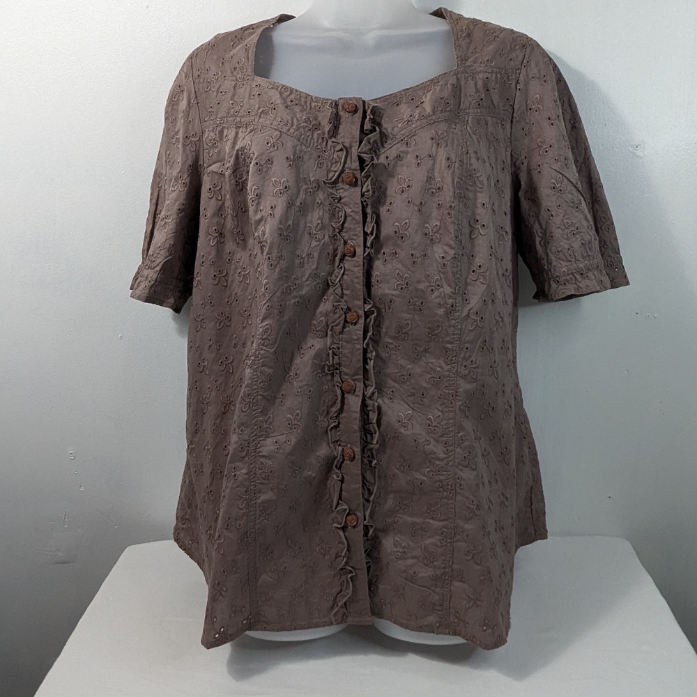 Denim 24/7 Women's Size16W Eyelet Blouse Ruffle Button Front Top